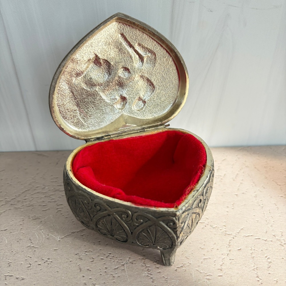 Vintage Heart Shaped Ornate Metal Trinket Jewelry Box Red Velvet Lining Footed